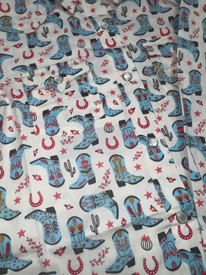 Panhandle Girl's Light Turquoise Boot Print Western Shirt