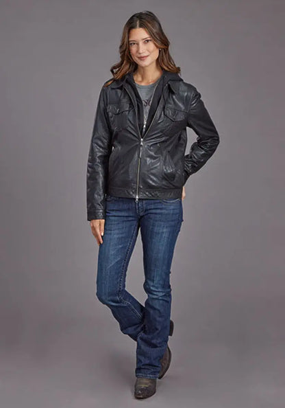 Stetson Women’s Black Leather Jacket w/ Removable Hooded Lining Sale Women’s Jacket