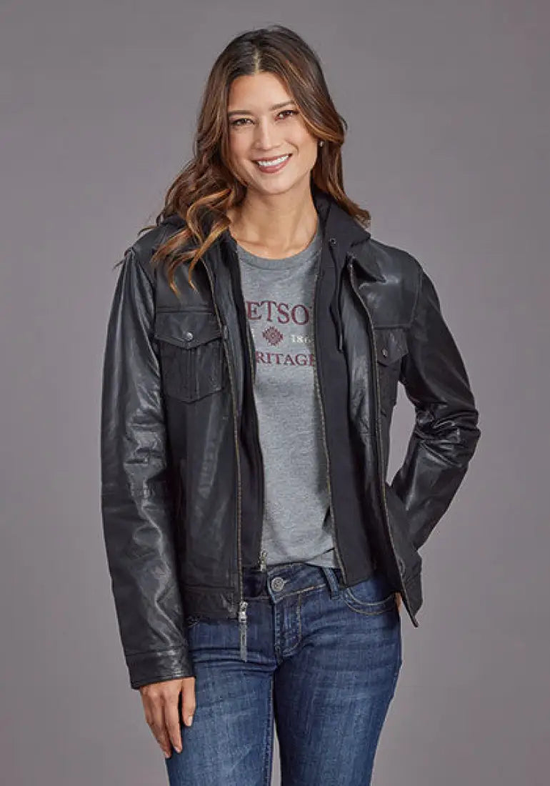 Stetson Women’s Black Leather Jacket w/ Removable Hooded Lining XSmall Sale Women’s Jacket