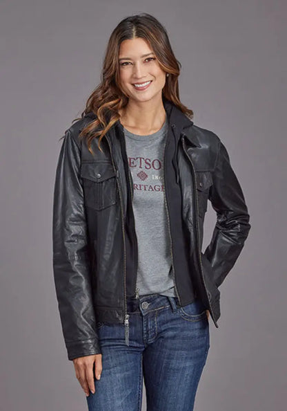 Stetson Women’s Black Leather Jacket w/ Removable Hooded Lining XSmall Sale Women’s Jacket