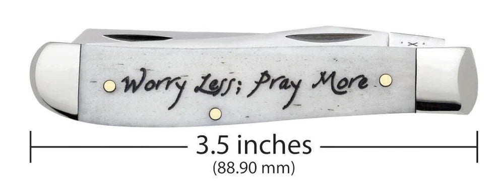 Case Worry Less, Pray More Embellished Smooth Natural Bone Mini Trapper Knife