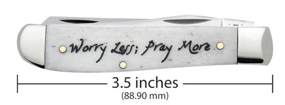Case Worry Less, Pray More Embellished Smooth Natural Bone Mini Trapper Knife