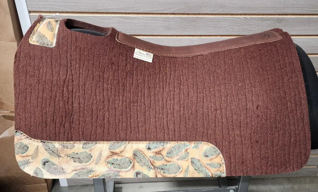 5 Star Barrel Racer Saddle Pad (Multiple Options Available) 30X28 3/4’’ Chocolate w/ Mini Sepia Turquoise Feathers Wear