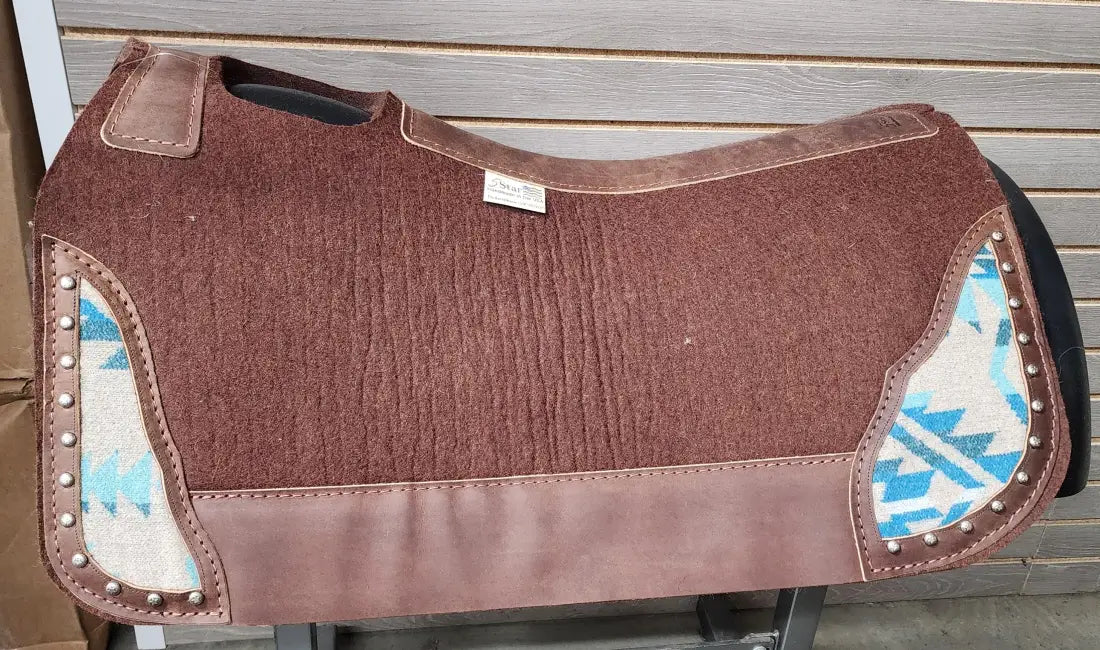 5 Star Barrel Racer Saddle Pad with Frontier Corner 30X28 3/4’’ Chocolate w/ Brown Wear Leathers & Gray/Turquoise Wool