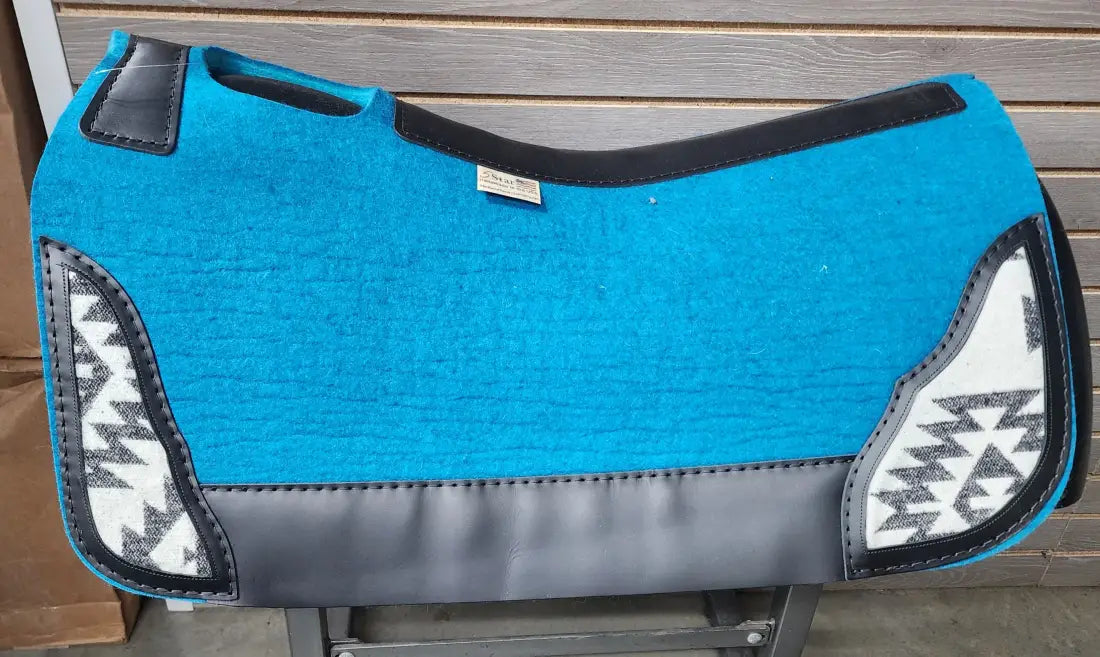 5 Star Barrel Racer Saddle Pad with Frontier Corner 30X28 3/4’’ Turquoise w/ Black Wear Leathers & White/Black Wool