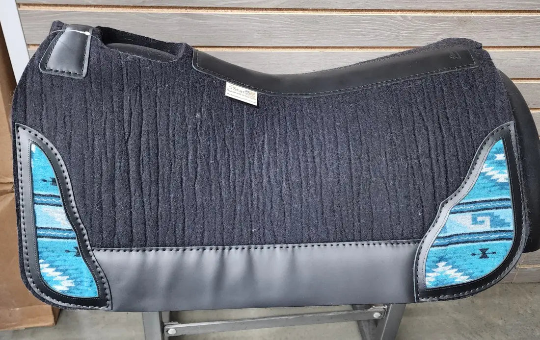 5 Star Barrel Racer Saddle Pad with Frontier Corner 30X28 7/8’’ Black w/ Black Wear Leathers & Turquoise/Black Wool