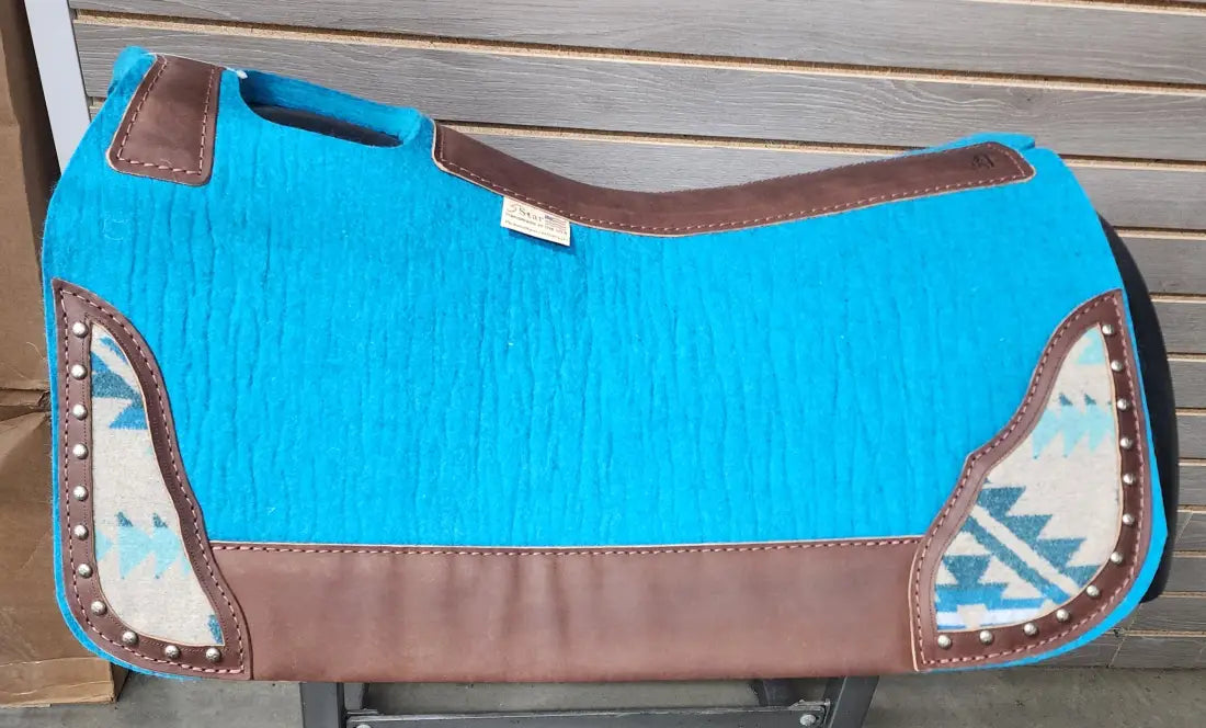 5 Star Barrel Racer Saddle Pad with Frontier Corner 30X28 7/8’’ Turquoise w/ Brown Wear Leathers & Gray/Turquoise Wool