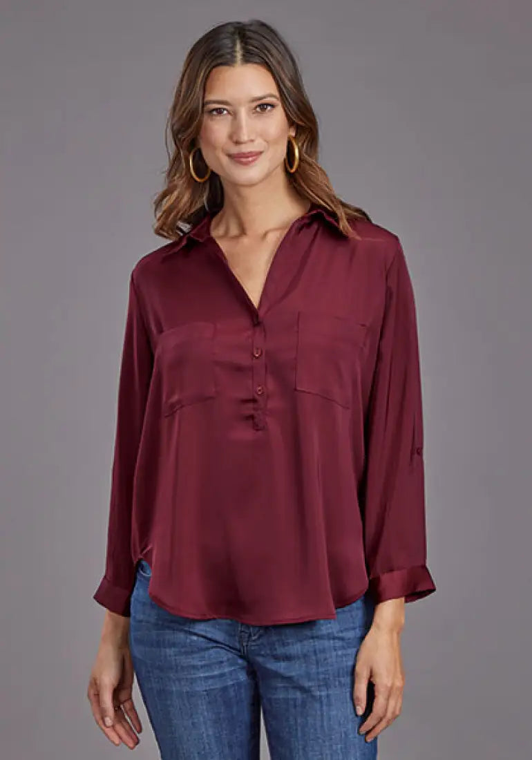 Stetson Women’s Wine Satin ¾ Sleeve Blouse XLarge Sale Women’s T-Shirt