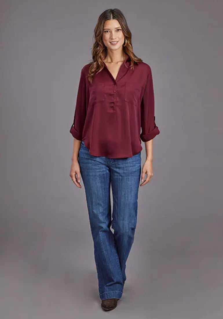Stetson Women’s Wine Satin ¾ Sleeve Blouse XLarge Sale Women’s T-Shirt