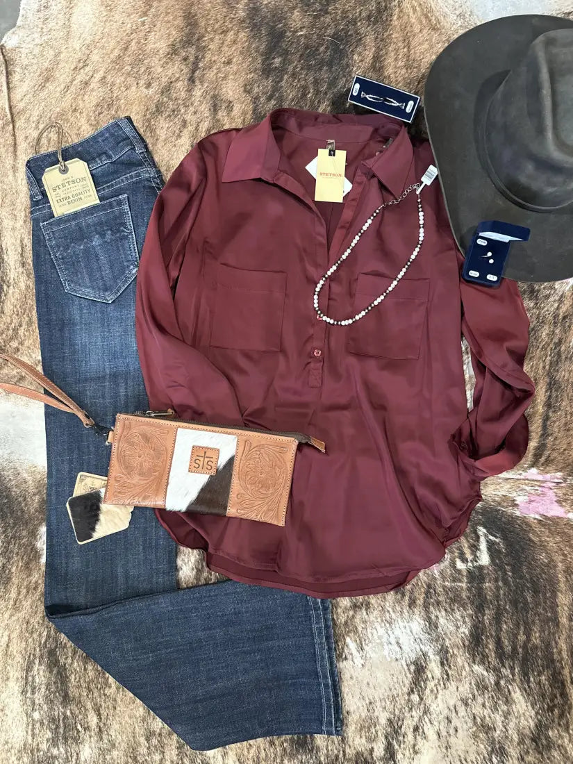 Stetson Women’s Wine Satin ¾ Sleeve Blouse XLarge Sale Women’s T-Shirt