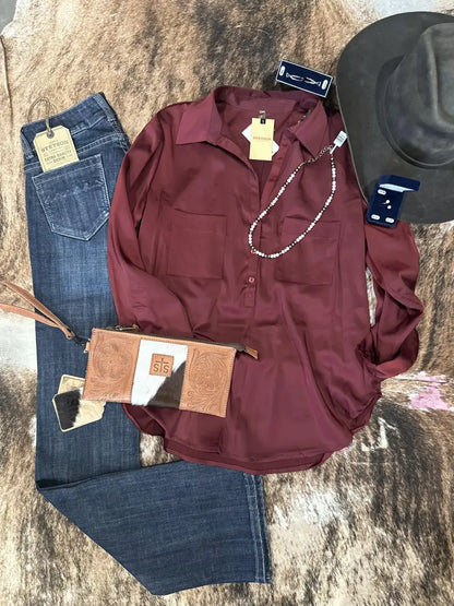 Stetson Women’s Wine Satin ¾ Sleeve Blouse XLarge Sale Women’s T-Shirt