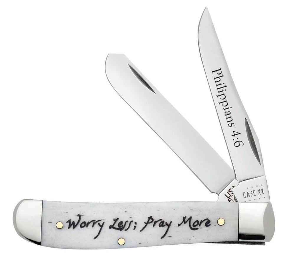 Case Worry Less, Pray More Embellished Smooth Natural Bone Mini Trapper Knife
