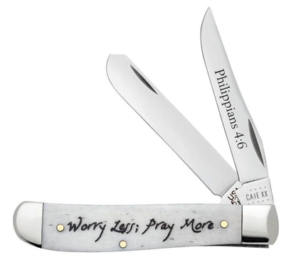 Case Worry Less, Pray More Embellished Smooth Natural Bone Mini Trapper Knife