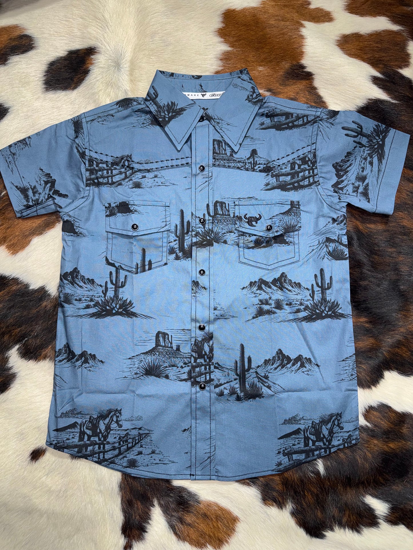 Cowboy Hardware Toddler Boy's Indigo Western Scenery Short Sleeve Western Shirt