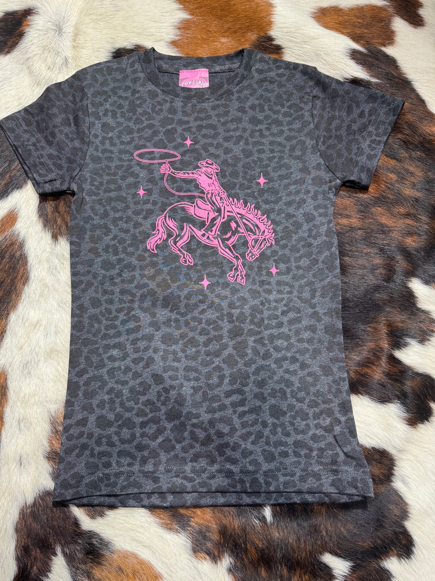 Cowgirl Hardware Girl's Black Leopard Buck N' Boots T-Shirt