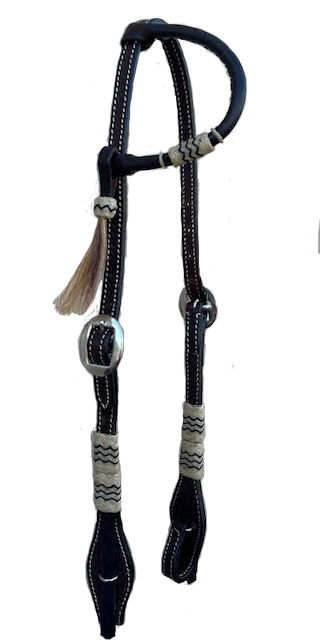 Bride Western En Cuir Brut (rawhide) Noir - Tresse Main Avec Pompon - Taille Cheval/pleine Taille (Full Size) - Neuf