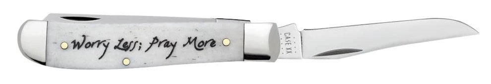 Case Worry Less, Pray More Embellished Smooth Natural Bone Mini Trapper Knife