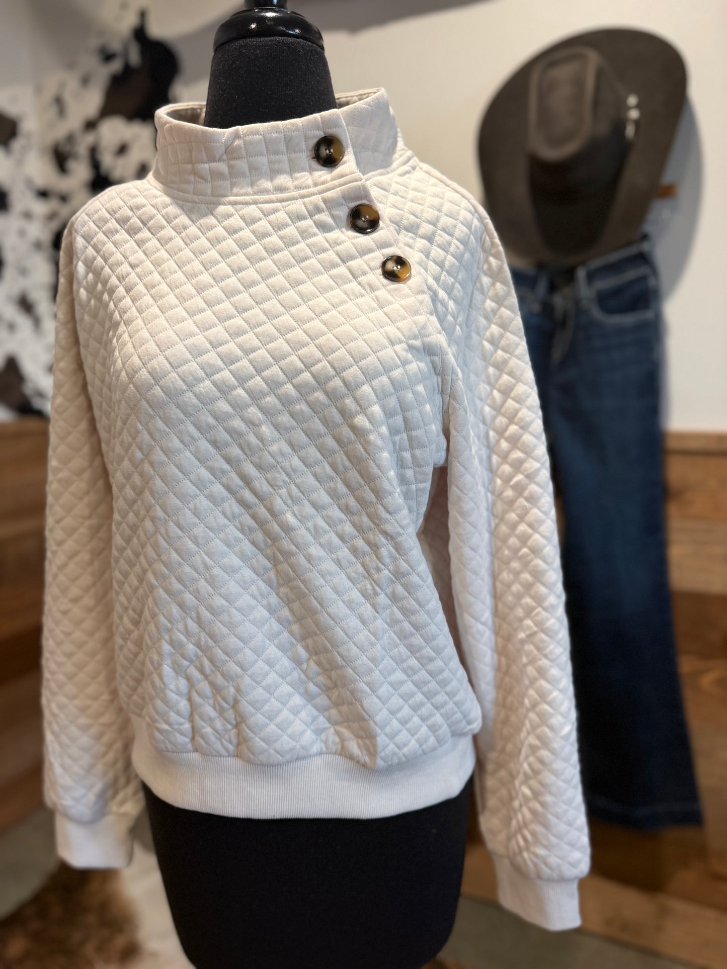 Women's Quilted Button Mock Neck Pullover
