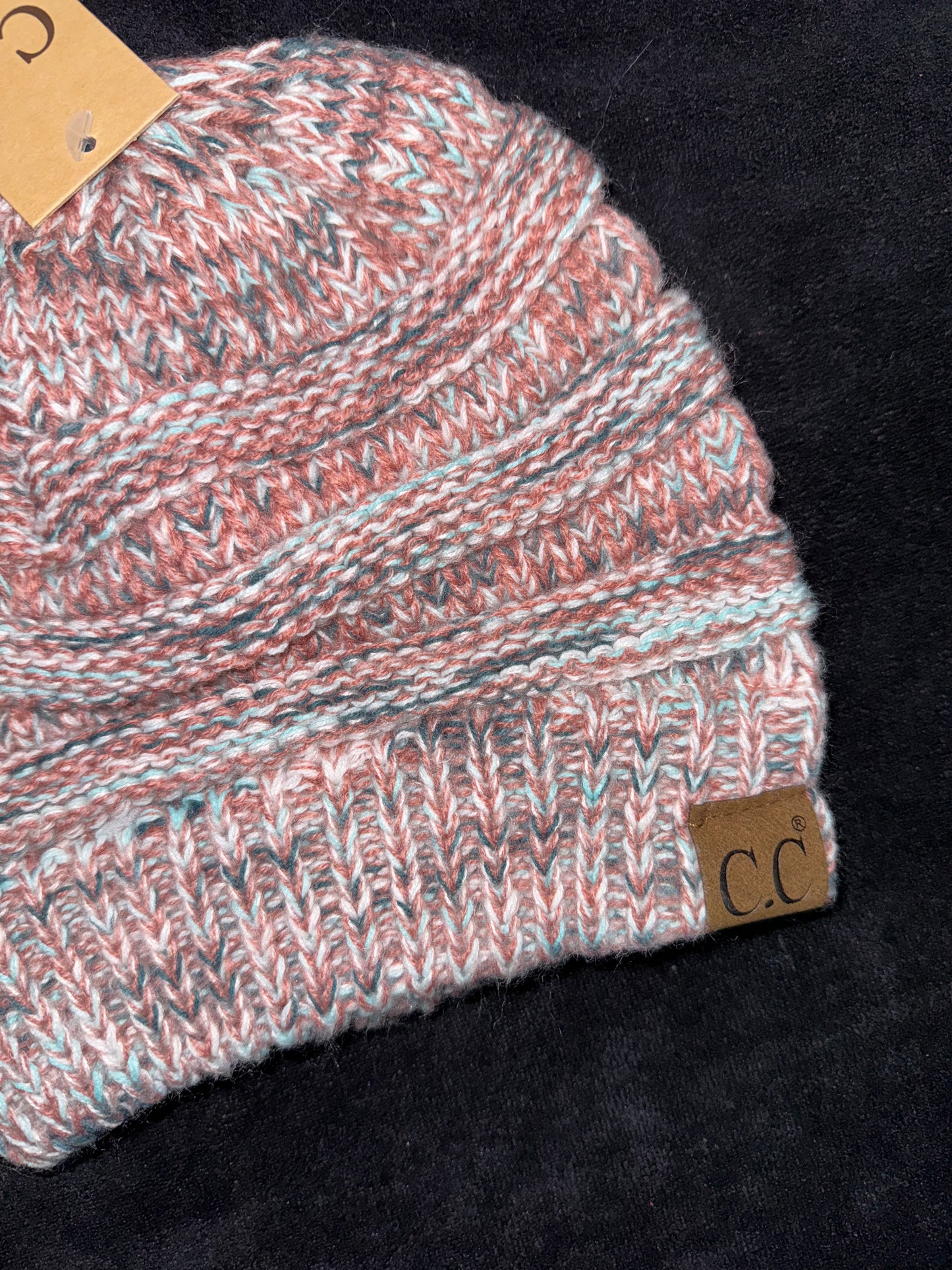 C.C Beanie Mauve/Navy/Light Blue Diagonal Stitch Beanie