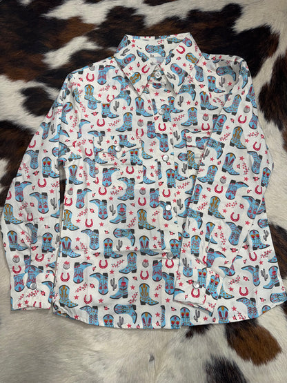 Panhandle Girl's Light Turquoise Boot Print Western Shirt
