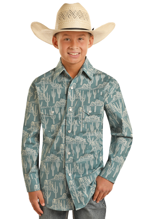 Rock & Roll Boy's Blue Cactus Sunburst Western Shirt