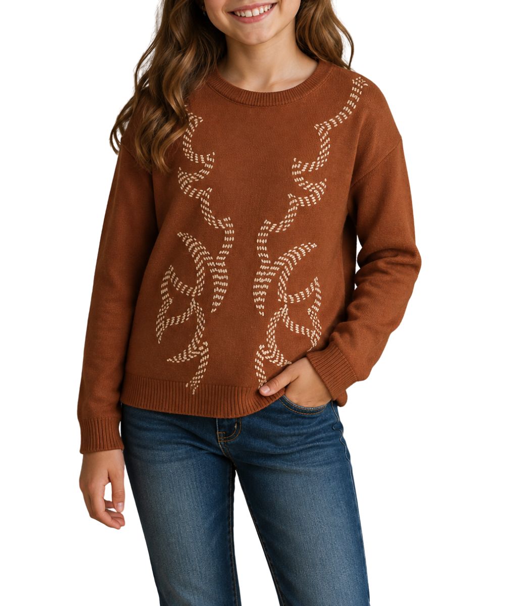 Rock & Roll Cowgirl Girls' Rust Bootstitch Sweater