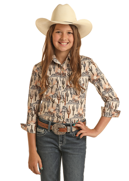 Rock & Roll Girl's Orange Sun Cactus Western Shirt