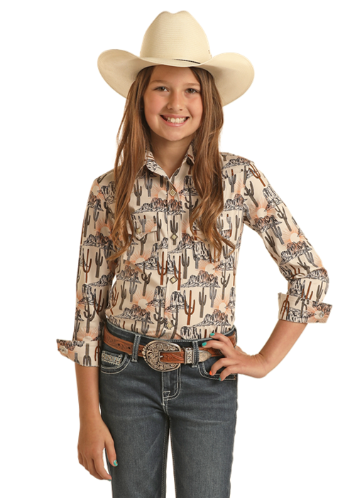 Rock & Roll Girl's Orange Sun Cactus Western Shirt