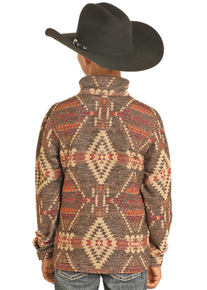 Rock & Roll Boy's Brown & Mulberry Henley Aztec Jacquard Pullover