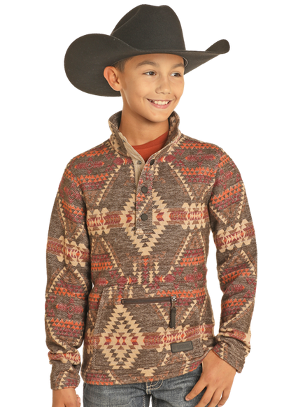 Rock & Roll Boy's Brown & Mulberry Henley Aztec Jacquard Pullover