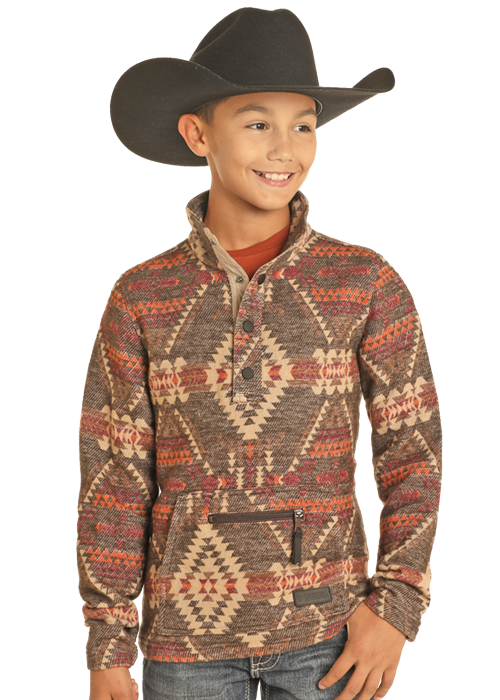 Rock & Roll Boy's Brown & Mulberry Henley Aztec Jacquard Pullover