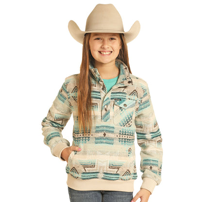 Rock & Roll Girl's Cream & Teal Henley Aztec Jacquard Pullover