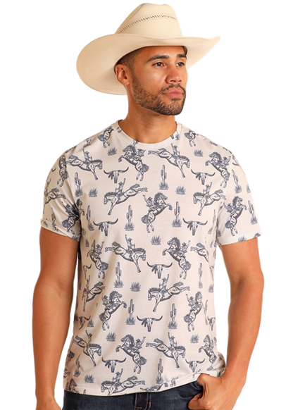 Rock & Roll Men's Cream AllOver Print Bronco T-Shirt