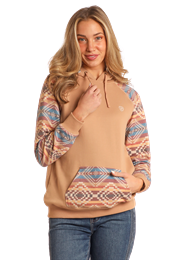 Rock & Roll Women's Aztec Sleeve Tan Hoodie