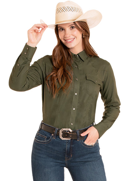 Rock & Roll Women's Solid Olive Tek Western Shirt
