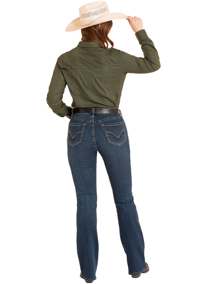Rock & Roll Women's Solid Olive Tek Western Shirt