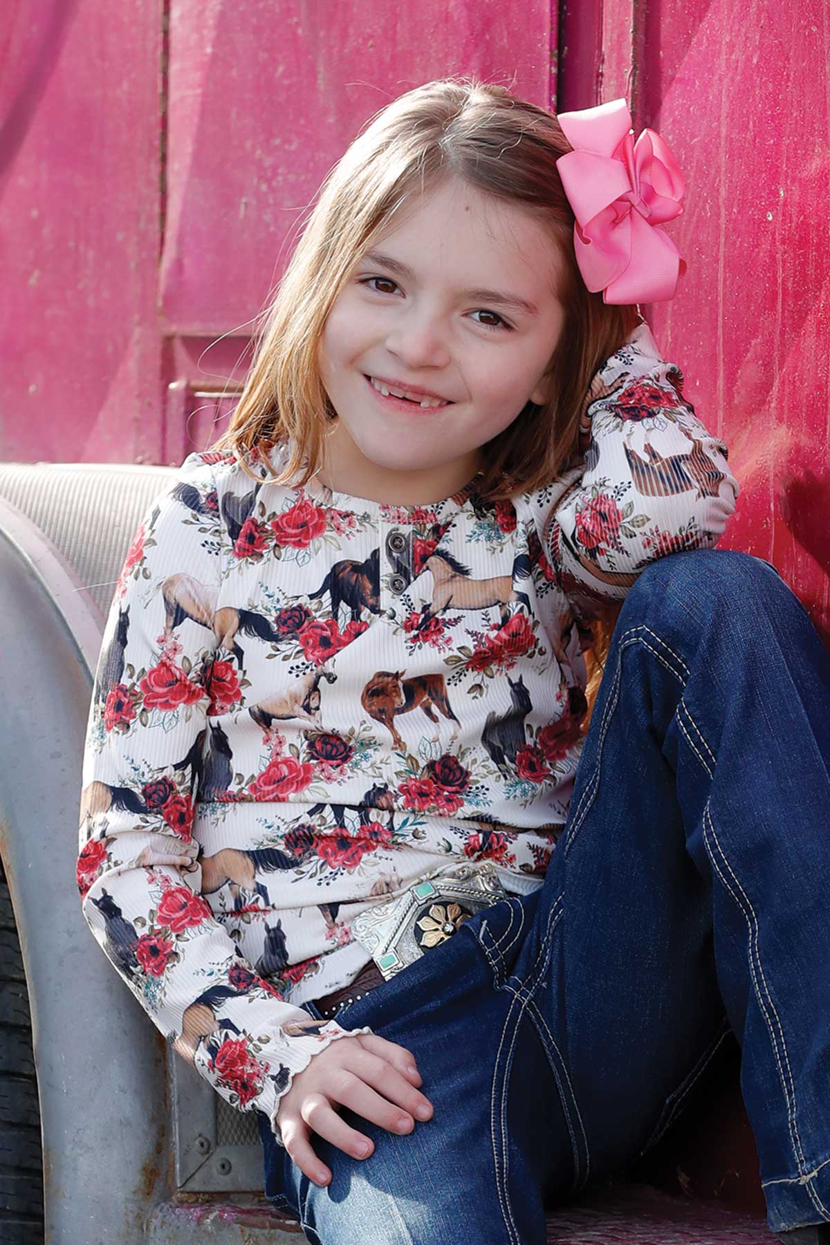Cruel Girl's Floral Horse Print Long Sleeve Henley T-Shirt