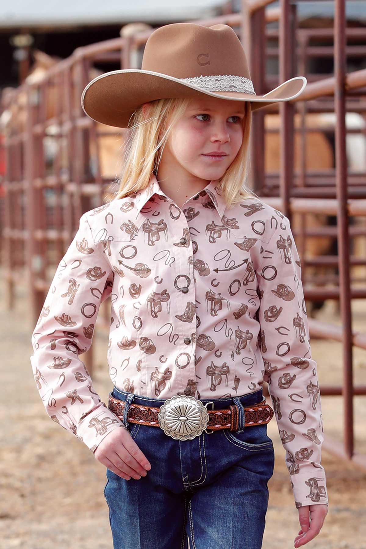 Cruel Girl's Pink & Brown Print Western Shirts