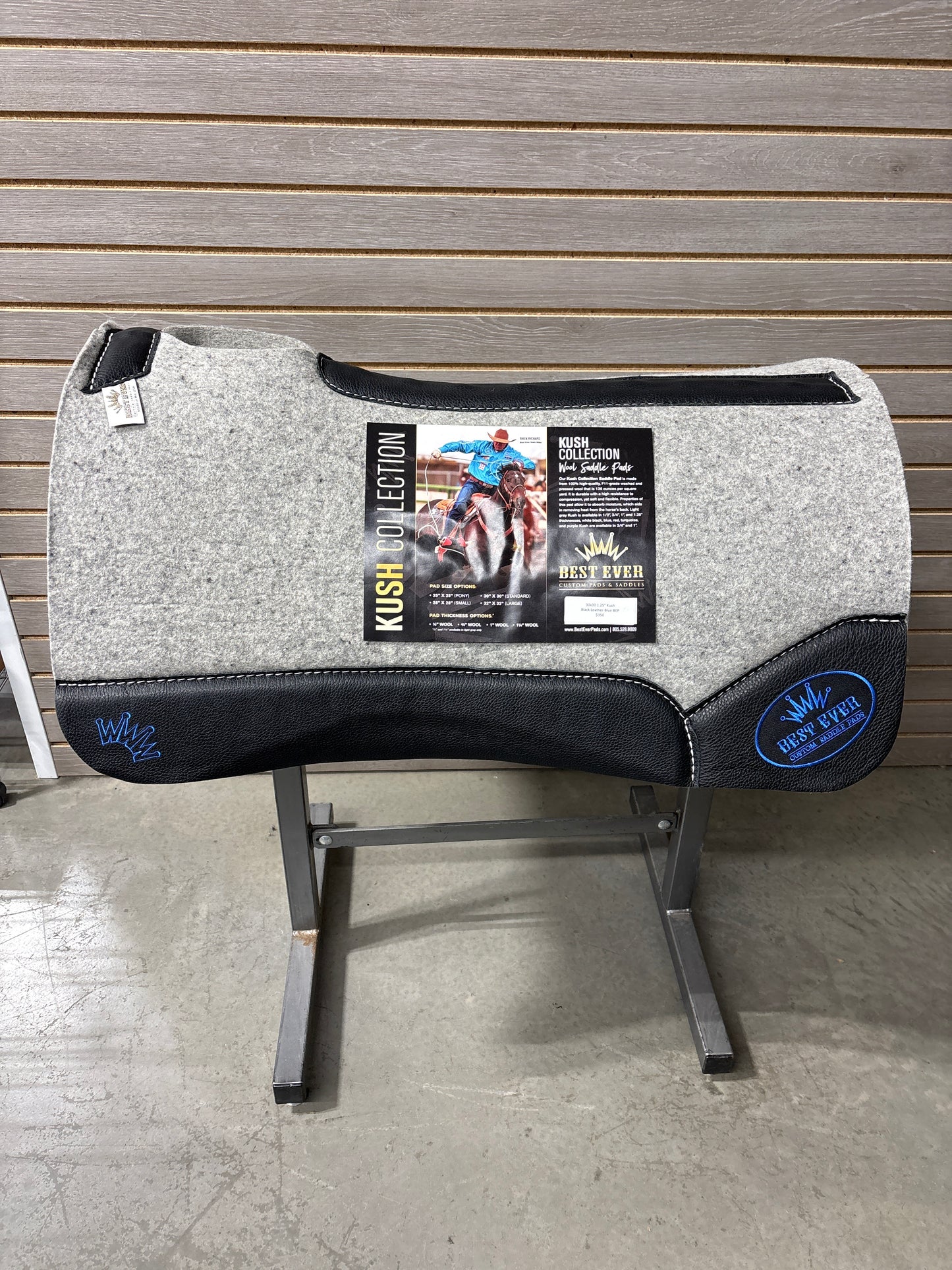 Best Ever Kush Saddle Pad - Black Leather Blue Emblem (1.25" thick, 30"x30")
