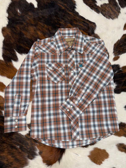 Wrangler Boy's Retro Brown & Blue Plaid Western Shirt