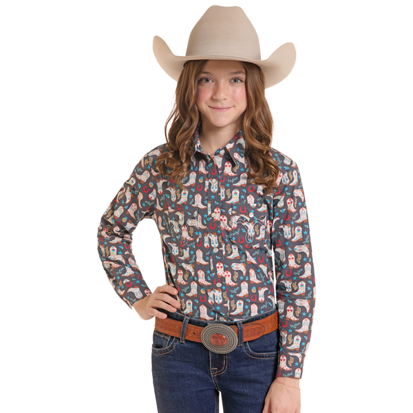 Panhandle Girls' Cowboy Boot Print Long Sleeve Snap Shirt