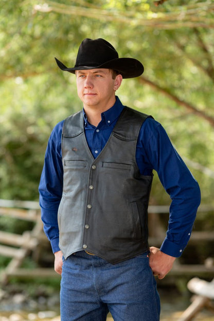 Wyoming Traders Men's Black Drover Concealed Carry Leather Vest