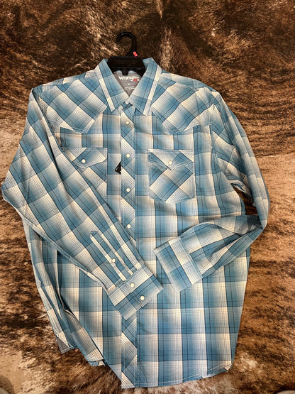 Wrangler Men's Big & Tall Blue White Plaid 20X Competition Western Shirt