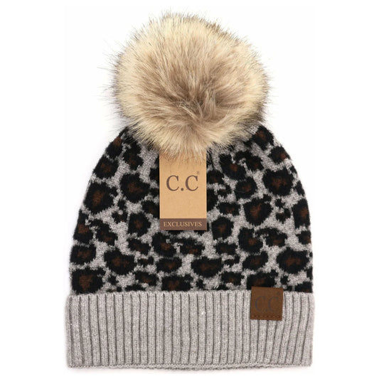 C.C Beanie Gray Leopard Fur Pom Beanie