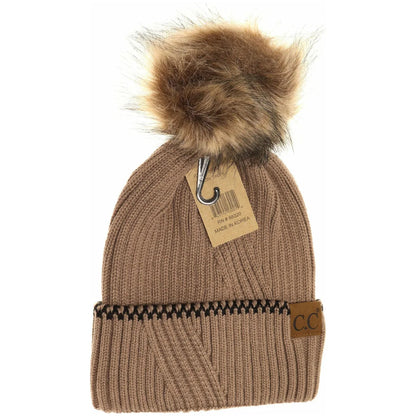 C.C Beanie Ribbed Accent Cuff Faux Fur Pom Beanie