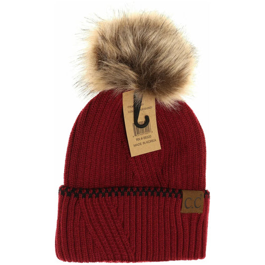 C.C Beanie Ribbed Accent Cuff Faux Fur Pom Beanie