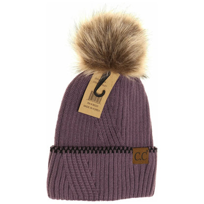 C.C Beanie Ribbed Accent Cuff Faux Fur Pom Beanie