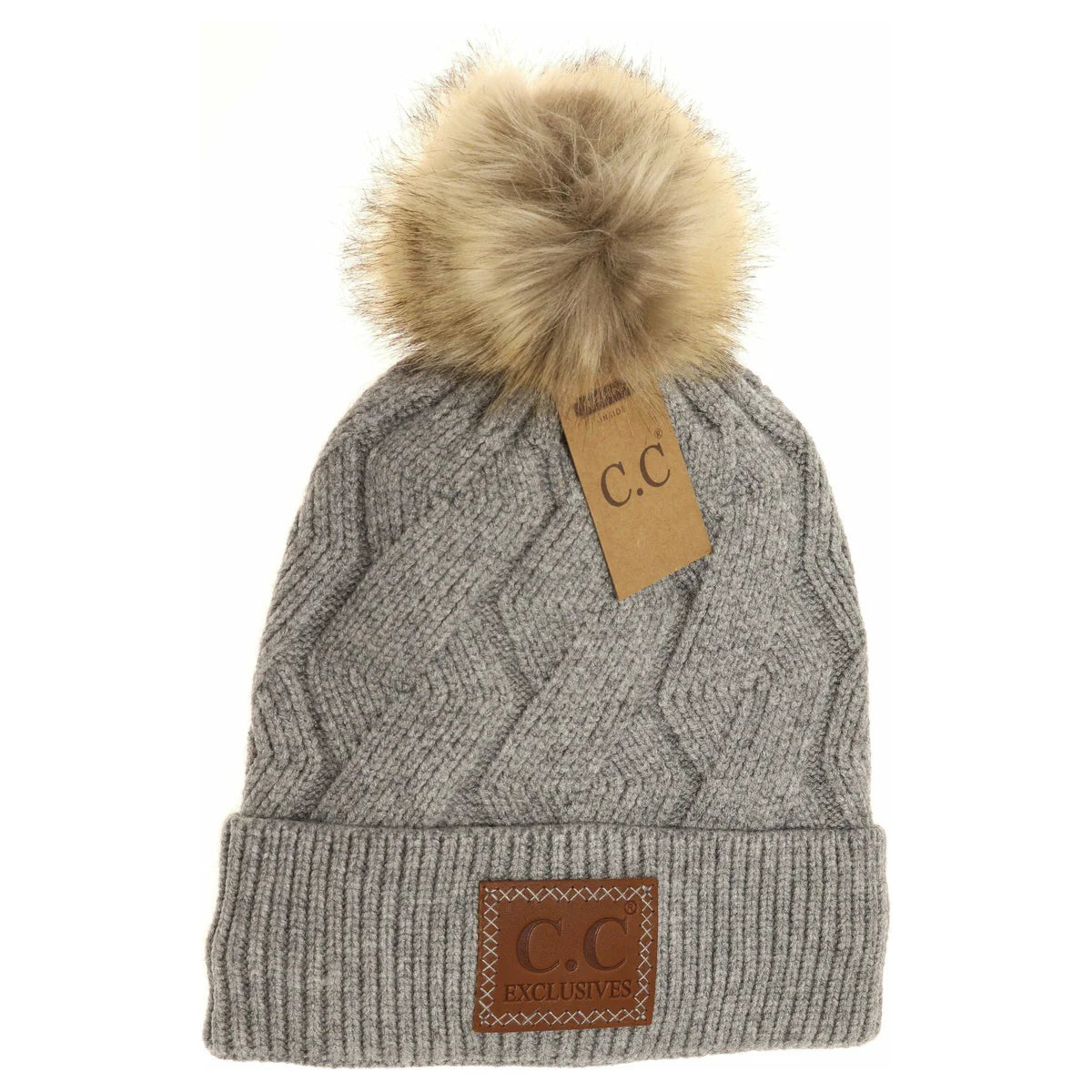 C.C Beanie Geometric Large Patch Faux Fur Pom Beanie