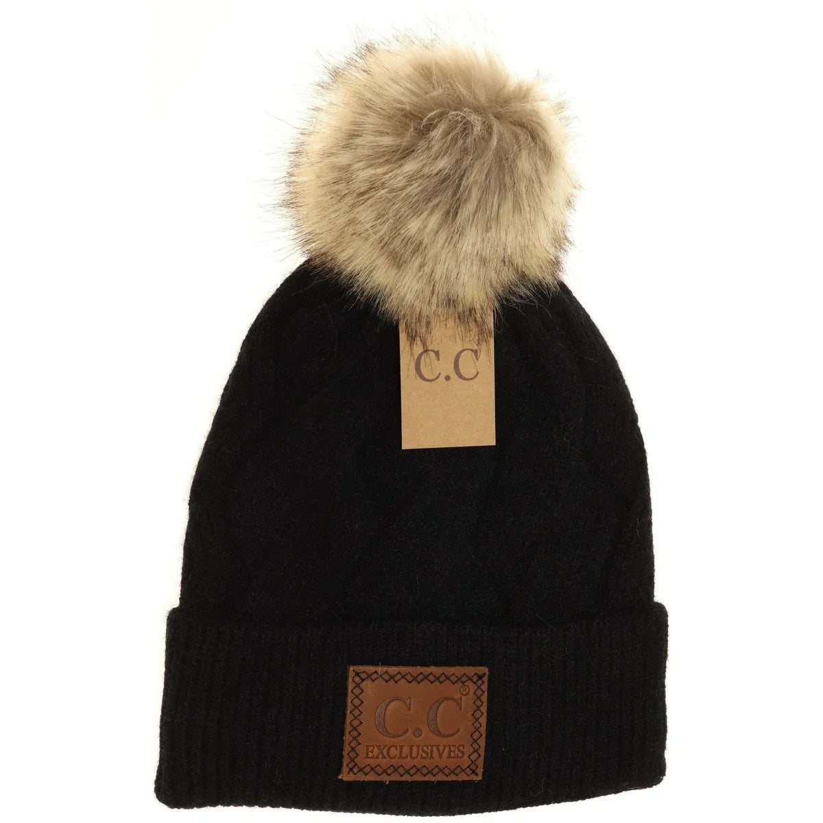 C.C Beanie Geometric Large Patch Faux Fur Pom Beanie