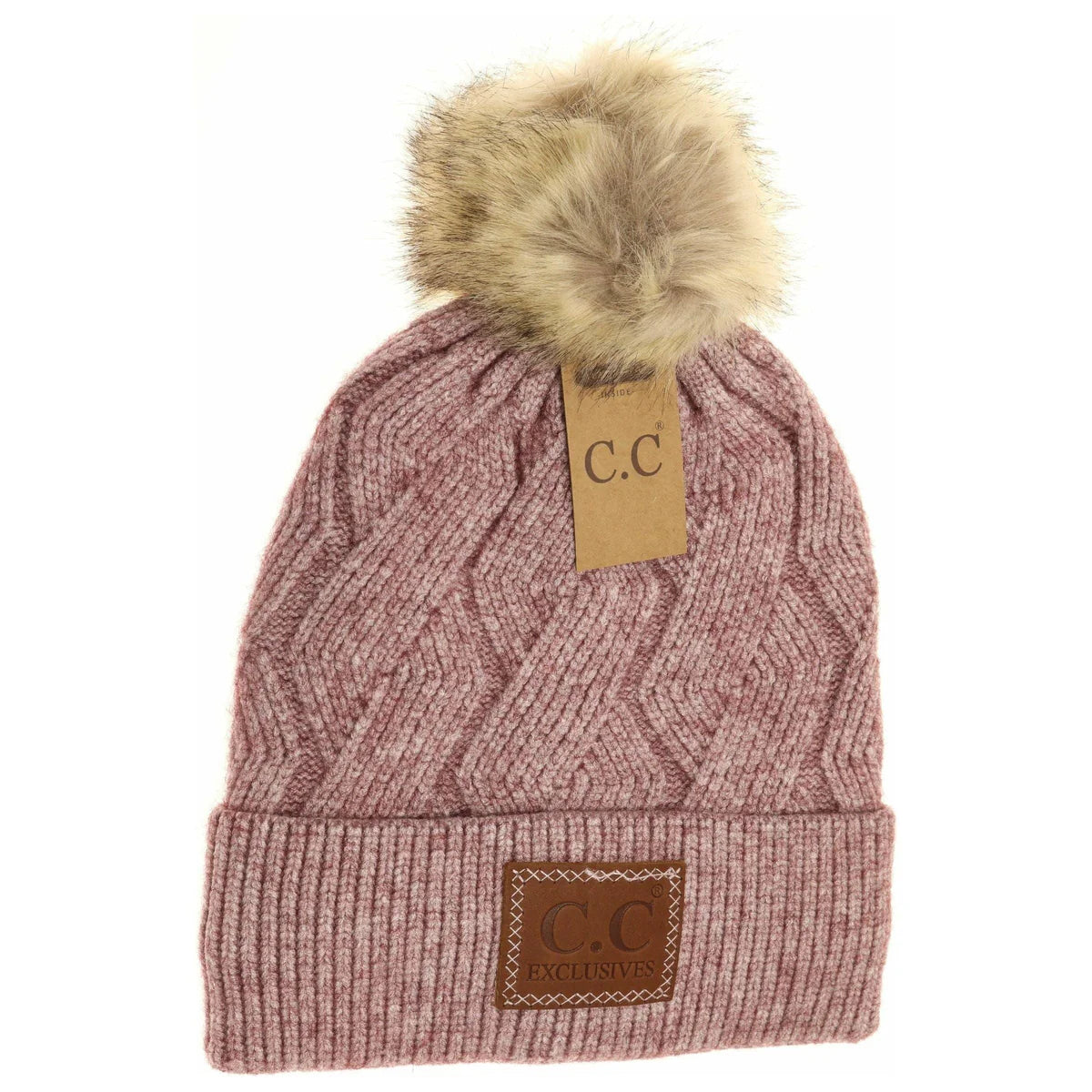 C.C Beanie Geometric Large Patch Faux Fur Pom Beanie